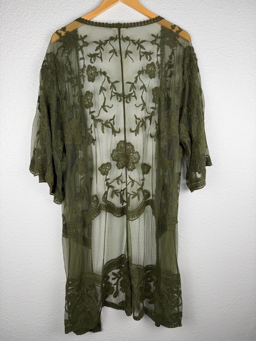 NWT Adiva Olive Green Sheer Embroidered floral Lace Kimono open-front Sz Large - Picture 3 of 11